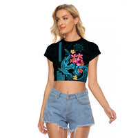 Custom Polynesian Raglan Cropped T Shirt Hawaiian Warriors with Tribal Shark Tattoos - Blue LT9 Female Blue - Polynesian Pride