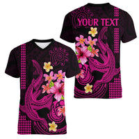 Custom Polynesian Women V Neck T Shirt Hawaiian Warriors with Tribal Shark Tattoos - Pink LT9 - Polynesian Pride