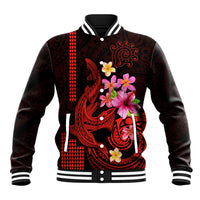 Custom Polynesian Baseball Jacket Hawaiian Warriors with Tribal Shark Tattoos - Red LT9 Unisex Red - Polynesian Pride