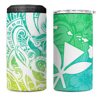 Polynesian Tribal Plumeria 4 in 1 Can Cooler Tumbler with Hawaii Kanaka Maoli Green Gradient Version