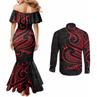 Tahitian Coat Of Arm and Tiare Flower Couples Matching Mermaid Dress and Long Sleeve Button Shirt Polynesian Tribal Tattoo