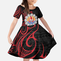 Tahitian Coat Of Arm and Tiare Flower Kid Short Sleeve Dress Polynesian Tribal Tattoo LT9 KID Black - Polynesian Pride