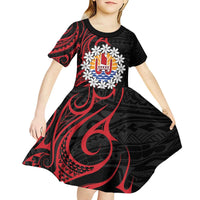 Tahitian Coat Of Arm and Tiare Flower Kid Short Sleeve Dress Polynesian Tribal Tattoo LT9 - Polynesian Pride