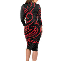 Tahitian Coat Of Arm and Tiare Flower Long Sleeve Bodycon Dress Polynesian Tribal Tattoo LT9 - Polynesian Pride
