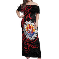 Tahitian Coat Of Arm and Tiare Flower Off Shoulder Maxi Dress Polynesian Tribal Tattoo LT9 Women Black - Polynesian Pride