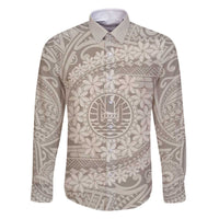 Tahitian Tiare Flower Family Matching Off The Shoulder Long Sleeve Dress and Hawaiian Shirt Beige Polynesian Pattern