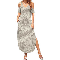Tahitian Tiare Flower Family Matching Summer Maxi Dress and Hawaiian Shirt Beige Polynesian Pattern