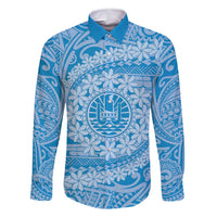 Tahitian Tiare Flower Family Matching Mermaid Dress and Hawaiian Shirt Blue Polynesian Pattern