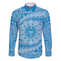 Tahitian Tiare Flower Family Matching Off The Shoulder Long Sleeve Dress and Hawaiian Shirt Blue Polynesian Pattern LT9 Dad's Shirt - Long Sleeve Blue - Polynesian Pride