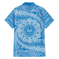 Tahitian Tiare Flower Family Matching Off Shoulder Short Dress and Hawaiian Shirt Blue Polynesian Pattern