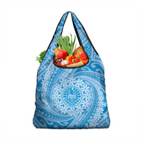 Tahitian Tiare Flower Grocery Bag Blue Polynesian Pattern