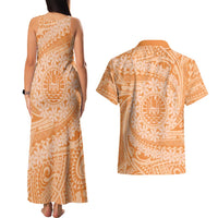 Tahitian Tiare Flower Couples Matching Tank Maxi Dress and Hawaiian Shirt Gold Polynesian Pattern