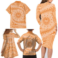 Tahitian Tiare Flower Family Matching Long Sleeve Bodycon Dress and Hawaiian Shirt Gold Polynesian Pattern LT9 - Polynesian Pride