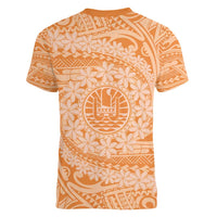 Tahitian Tiare Flower Women V-Neck T-Shirt Gold Polynesian Pattern