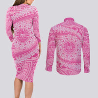 Tahitian Tiare Flower Couples Matching Long Sleeve Bodycon Dress and Long Sleeve Button Shirt Pink Polynesian Pattern