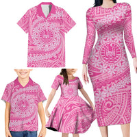 Tahitian Tiare Flower Family Matching Long Sleeve Bodycon Dress and Hawaiian Shirt Pink Polynesian Pattern LT9 - Polynesian Pride