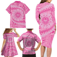 Tahitian Tiare Flower Family Matching Long Sleeve Bodycon Dress and Hawaiian Shirt Pink Polynesian Pattern LT9 - Polynesian Pride