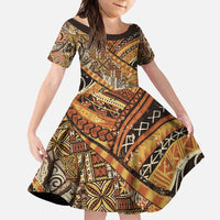 Hawaiian Style Tapa Family Matching Long Sleeve Bodycon Dress and Hawaiian Shirt Vintage Seamless Pattern LT9 Daughter's Dress Red - Polynesian Pride