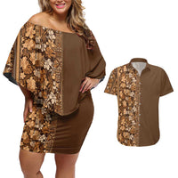 Hawaiian Tribal Elements Hibiscus Couples Matching Off Shoulder Short Dress and Hawaiian Shirt Gold Pattern - Polynesian Pride