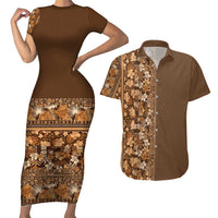 Hawaiian Tribal Elements Hibiscus Couples Matching Short Sleeve Bodycon Dress and Hawaiian Shirt Gold Pattern - Polynesian Pride