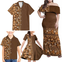 Hawaiian Tribal Elements Hibiscus Family Matching Off Shoulder Maxi Dress and Hawaiian Shirt Gold Pattern - Polynesian Pride
