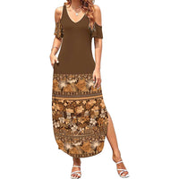 Hawaiian Tribal Elements Hibiscus Family Matching Summer Maxi Dress and Hawaiian Shirt Gold Pattern - Polynesian Pride