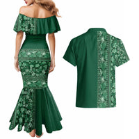 Hawaiian Tribal Elements Hibiscus Couples Matching Mermaid Dress and Hawaiian Shirt Green Pattern - Polynesian Pride