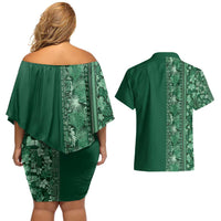 Hawaiian Tribal Elements Hibiscus Couples Matching Off Shoulder Short Dress and Hawaiian Shirt Green Pattern - Polynesian Pride