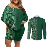 Hawaiian Tribal Elements Hibiscus Couples Matching Off Shoulder Short Dress and Long Sleeve Button Shirt Green Pattern - Polynesian Pride