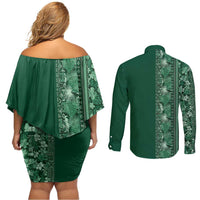Hawaiian Tribal Elements Hibiscus Couples Matching Off Shoulder Short Dress and Long Sleeve Button Shirt Green Pattern - Polynesian Pride