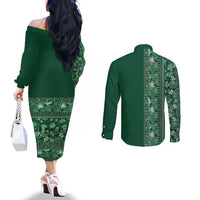 Hawaiian Tribal Elements Hibiscus Couples Matching Off The Shoulder Long Sleeve Dress and Long Sleeve Button Shirt Green Pattern - Polynesian Pride