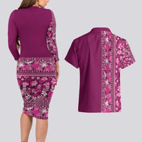 Hawaiian Tribal Elements Hibiscus Couples Matching Long Sleeve Bodycon Dress and Hawaiian Shirt Pink Pattern - Polynesian Pride