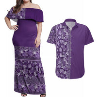 Hawaiian Tribal Elements Hibiscus Couples Matching Off Shoulder Maxi Dress and Hawaiian Shirt Purple Pattern - Polynesian Pride