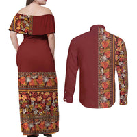 Hawaiian Tribal Elements Hibiscus Couples Matching Off Shoulder Maxi Dress and Long Sleeve Button Shirt Red Pattern - Polynesian Pride