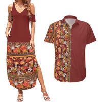 Hawaiian Tribal Elements Hibiscus Couples Matching Summer Maxi Dress and Hawaiian Shirt Red Pattern - Polynesian Pride