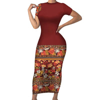 Hawaiian Tribal Elements Hibiscus Family Matching Short Sleeve Bodycon Dress and Hawaiian Shirt Red Pattern - Polynesian Pride