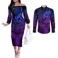 Polynesia Couples Matching Off The Shoulder Long Sleeve Dress and Long Sleeve Button Shirts Whale Tale and Polynesian Sunset Plumeria Purple LT9 Purple - Polynesian Pride