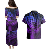 Polynesia Couples Matching Puletasi Dress and Hawaiian Shirt Whale Tale and Polynesian Sunset Plumeria Purple LT9 - Polynesian Pride