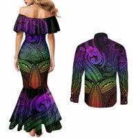 Polynesia Couples Matching Mermaid Dress and Long Sleeve Button Shirts Whale Tale and Polynesian Sunset Plumeria Rainbow LT9 - Polynesian Pride