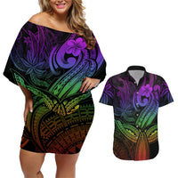 Polynesia Couples Matching Off Shoulder Short Dress and Hawaiian Shirt Whale Tale and Polynesian Sunset Plumeria Rainbow LT9 Rainbow - Polynesian Pride