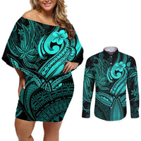Polynesia Couples Matching Off Shoulder Short Dress and Long Sleeve Button Shirts Whale Tale and Polynesian Sunset Plumeria Turquoise LT9 Turquoise - Polynesian Pride