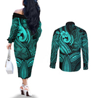 Polynesia Couples Matching Off The Shoulder Long Sleeve Dress and Long Sleeve Button Shirts Whale Tale and Polynesian Sunset Plumeria Turquoise LT9 - Polynesian Pride