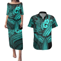 Polynesia Couples Matching Puletasi Dress and Hawaiian Shirt Whale Tale and Polynesian Sunset Plumeria Turquoise LT9 Turquoise - Polynesian Pride