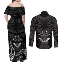 FSM Chuuk States Couples Matching Off Shoulder Maxi Dress and Long Sleeve Button Shirts Micronesia Vintage Polynesian Tribal Black Version LT9 - Polynesian Pride