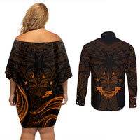 FSM Chuuk States Couples Matching Off Shoulder Short Dress and Long Sleeve Button Shirts Micronesia Vintage Polynesian Tribal Gold Version LT9 - Polynesian Pride