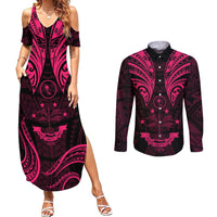 FSM Chuuk States Couples Matching Summer Maxi Dress and Long Sleeve Button Shirts Micronesia Vintage Polynesian Tribal Pink Version LT9 Pink - Polynesian Pride