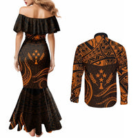 FSM Kosrae States Couples Matching Mermaid Dress and Long Sleeve Button Shirts Micronesia Vintage Polynesian Tribal Gold Version LT9 - Polynesian Pride