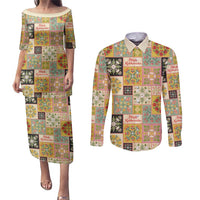 Mele Kalikimaka Hawaii Christmas Couples Matching Puletasi and Long Sleeve Button Shirt Melemele Mama Seamless Floral Motif LT9 Beige - Polynesian Pride