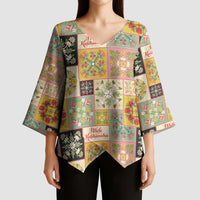 Mele Kalikimaka Hawaii Christmas Kimono Sleeve Blouse Melemele Mama Seamless Floral Motif - Polynesian Pride