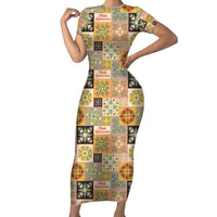 Mele Kalikimaka Hawaii Christmas Short Sleeve Bodycon Dress Melemele Mama Seamless Floral Motif LT9 Long Dress Beige - Polynesian Pride